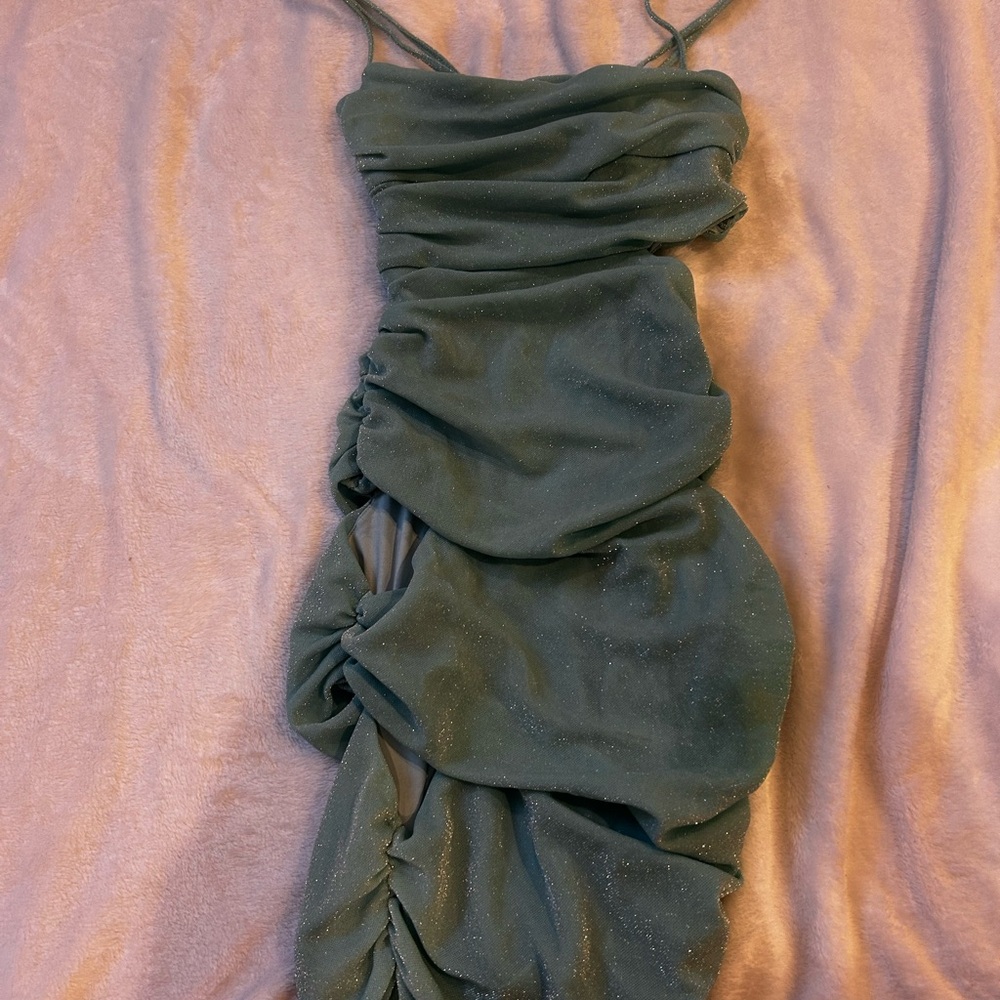 Oh Polly Green Ruched Asymmetrical Bodycon Dress